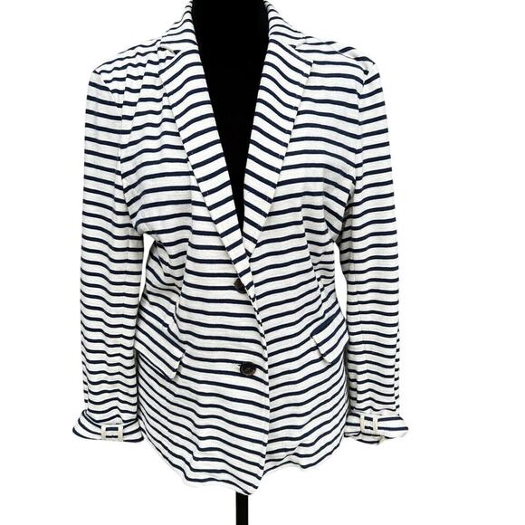 J.CREW size M blazer cream with navy stripes cotton - Picture 2 of 11